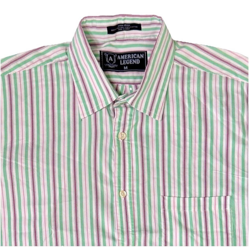 Men’s Striped Button Down Shirt Green Pink Preppy Long Sleeve Size Medium